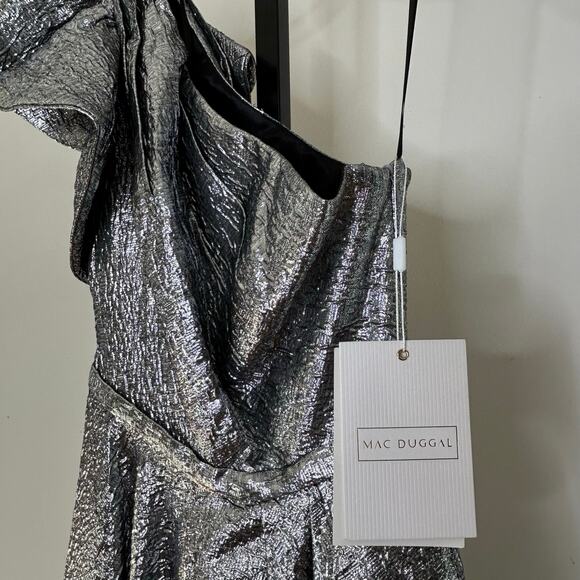 Mac Duggal Silver Gown-Size 4-one shoulder tea holiday wedding brocade NWT - Picture 3 of 8